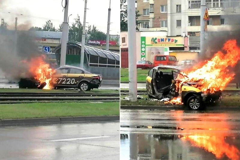 Резонансное ДТП с такси в Витебске - Kia Rio разорвало после удара о столб, начался пожар